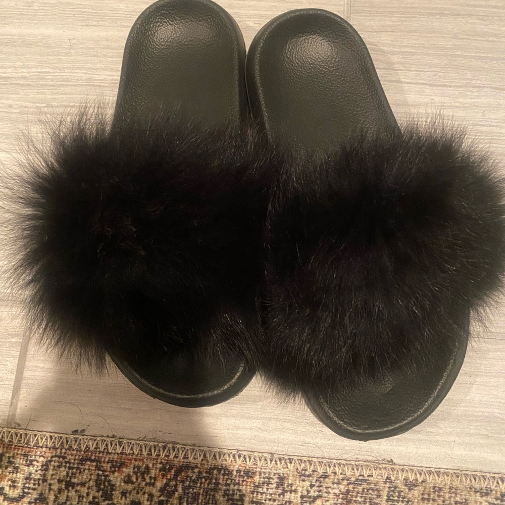 Black Furry Slides
